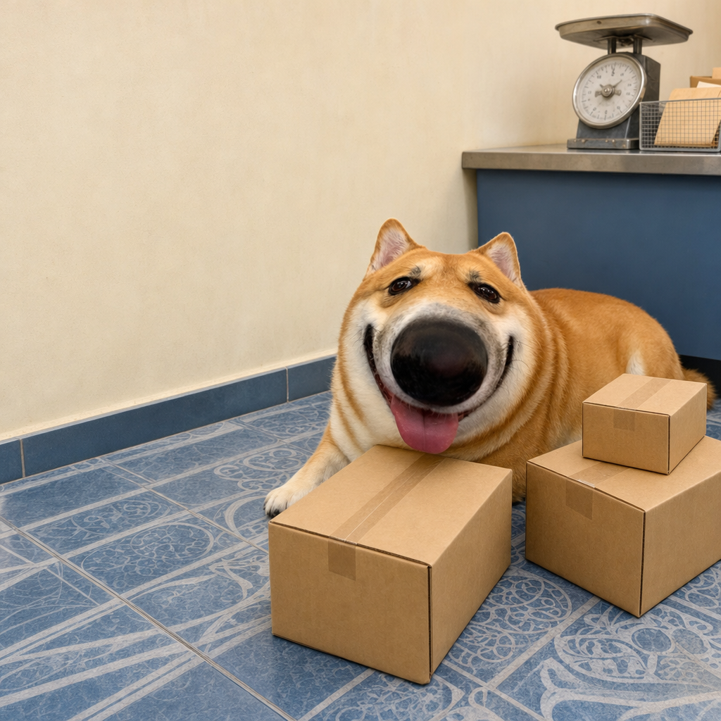 Sniffu lying on blue tiles beside cardboard parcels, a postal scale on the counter behind him